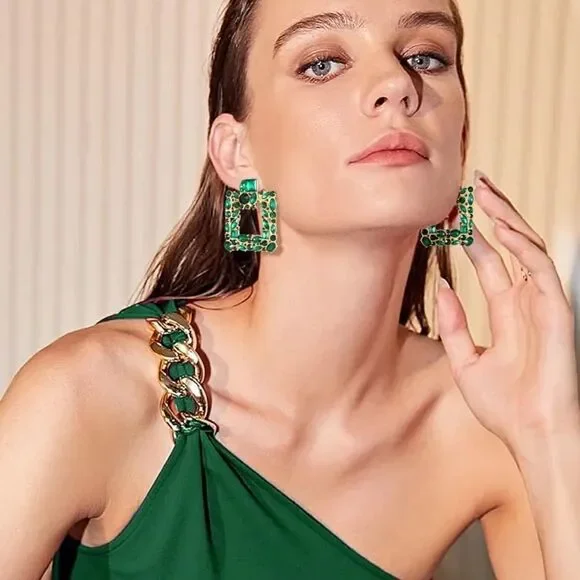 Yellow Gold with Emerald Green Crystal Geometric Square Post Back Drop Earrings